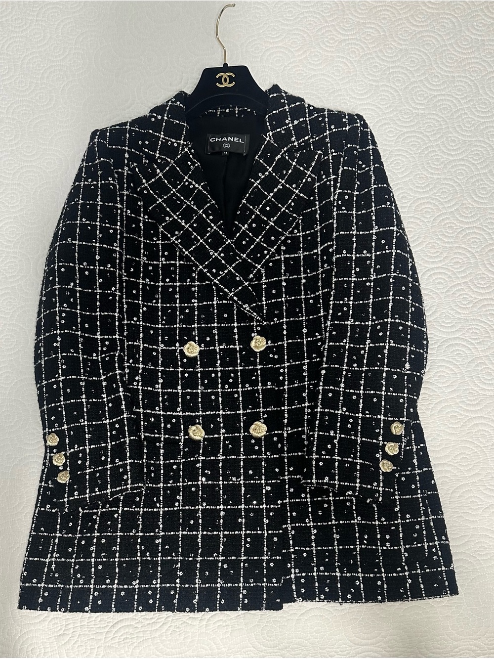 CHANEL Black & White Tweed Double-Breasted Blazer with Silver Camilla Buttons